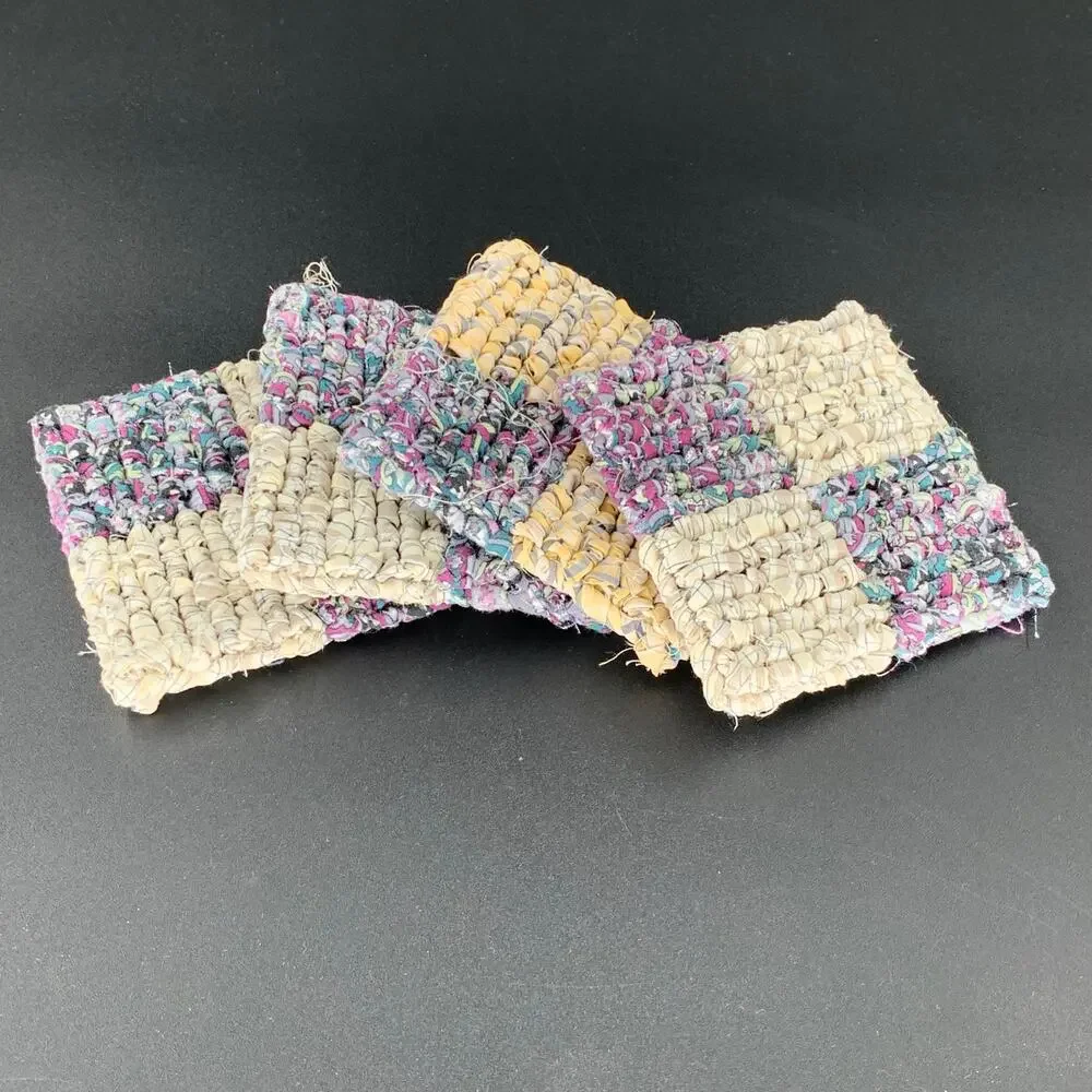 Drink Coaster Set Locker Hooking Handmade Yellow Purple Fabric Square Coasters